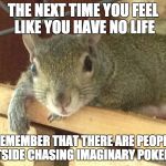Squirrel Philosopher | THE NEXT TIME YOU FEEL LIKE YOU HAVE NO LIFE; REMEMBER THAT THERE ARE PEOPLE OUTSIDE CHASING IMAGINARY POKEMON | image tagged in squirrel philosopher,pokemon go,pokemon,no life,funny meme | made w/ Imgflip meme maker