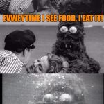 Fwankie tries to lighten the mood before he devours the lovers | SHCUZ' ME.  DID YOU KNOW I'M ON A SEAFOOD DIET; EVWEYTIME I SEE FOOD, I EAT IT! THEY DIDN'T GET IT....BURP. | image tagged in bad pun sea monster fwankie | made w/ Imgflip meme maker