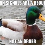 Good Advise Duck | TURN SIGNALS ARE A REQUEST; NOT AN ORDER | image tagged in good advise duck | made w/ Imgflip meme maker