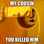 Spiders suck | MY COUSIN; YOU KILLED HIM | image tagged in spiders suck | made w/ Imgflip meme maker