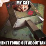 Tank Cat | MY CAT; WHEN IT FOUND OUT ABOUT TANKS | image tagged in tank cat | made w/ Imgflip meme maker