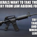 AR-15 | LIBERALS WANT TO TAKE THESE AWAY FROM LAW ABIDING FOLKS; TRY TO TAKE EM AND SEE WHERE YOU LAND!!! | image tagged in ar-15 | made w/ Imgflip meme maker