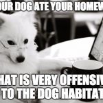 homework excuse | SO YOUR DOG ATE YOUR HOMEWORK; THAT IS VERY OFFENSIVE TO THE DOG HABITAT | image tagged in homework excuse,memes | made w/ Imgflip meme maker