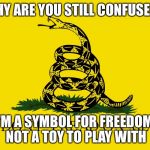 It's American Made! | WHY ARE YOU STILL CONFUSED? I'M A SYMBOL FOR FREEDOM, NOT A TOY TO PLAY WITH | image tagged in gadsden | made w/ Imgflip meme maker