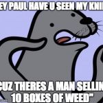 Homophobic seal | "HEY PAUL HAVE U SEEN MY KNIFE"; "CUZ THERES A MAN SELLING 10 BOXES OF WEED" | image tagged in homophobic seal,meme,seal,animated | made w/ Imgflip meme maker