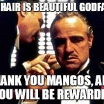 Godfather | YOUR HAIR IS BEAUTIFUL GODFATHER; THANK YOU MANGOS, AND YOU WILL BE REWARDED | image tagged in godfather | made w/ Imgflip meme maker
