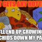 It's Too Hot Today Simpsons | IF IT GETS ANY HOTTER? I'LL END UP GROWING ORCHIDS DOWN MY PANTS | image tagged in it's too hot today simpsons | made w/ Imgflip meme maker