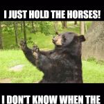 Only horse people will get this! | WHOA....!!! I JUST HOLD THE HORSES! I DON'T KNOW WHEN THE FARRIER WILL BE HERE! | image tagged in how about no bear,horse,farrier,time | made w/ Imgflip meme maker
