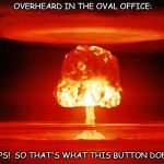 Oops! | OVERHEARD IN THE OVAL OFFICE:; OOPS!  SO THAT'S WHAT THIS BUTTON DOES ! | image tagged in oops | made w/ Imgflip meme maker