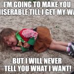 Tantrum | I'M GOING TO MAKE YOU MISERABLE TILL I GET MY WAY; BUT I WILL NEVER TELL YOU WHAT I WANT! | image tagged in tantrum | made w/ Imgflip meme maker