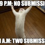 Just realized O.O | 11:59 P.M: NO SUBMISSIONS; 12:01 A.M: TWO SUBMISSIONS | image tagged in victory cat,submissions,victory | made w/ Imgflip meme maker
