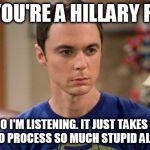 Sheldon Logic | SO, YOU'RE A HILLARY FAN ? NO,NO I'M LISTENING. IT JUST TAKES ME A MINUTE TO PROCESS SO MUCH STUPID ALL AT ONCE. | image tagged in sheldon logic | made w/ Imgflip meme maker