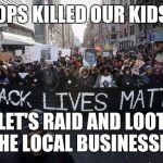 Black lives matter | COPS KILLED OUR KIDS? LET'S RAID AND LOOT THE LOCAL BUSINESSES | image tagged in black lives matter | made w/ Imgflip meme maker
