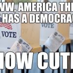 Voting Booth | AWWW, AMERICA THINKS IT HAS A DEMOCRACY; HOW CUTE! | image tagged in voting booth,america,elections,democracy,politics | made w/ Imgflip meme maker
