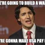 Justin Trudeau | WE'RE GOING TO BUILD A WALL! AND WE'RE GONNA MAKE USA PAY FOR IT!!! | image tagged in justin trudeau | made w/ Imgflip meme maker
