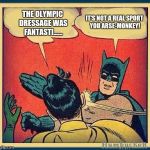 batman and robin | THE OLYMPIC DRESSAGE WAS FANTASTI...... IT'S NOT A REAL SPORT YOU ARSE-MONKEY! | image tagged in batman and robin | made w/ Imgflip meme maker