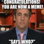 Michael Cohen | CONGRATULATIONS! YOU ARE NOW A MEME! "SAYS WHO?" | image tagged in michael cohen | made w/ Imgflip meme maker