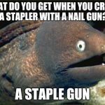 Bad Joke Eel (or would this be a dad joke?) | WHAT DO YOU GET WHEN YOU CROSS A STAPLER WITH A NAIL GUN? A STAPLE GUN | image tagged in bad joke eel,funny,memes,that's not how this works,cotton twill | made w/ Imgflip meme maker