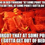 Skeleton in bed  | LYING IN BED THINKING "AT SOME POINT TODAY I GOTTA DO THIS, AT SOME POINT I GOTTA DO THAT"; I FORGOT THAT AT SOME POINT I GOTTA GET OUT OF BED | image tagged in skeleton in bed | made w/ Imgflip meme maker