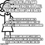 Be like jill  | THIS IS JILL. JILL AND BILL WORK TOGETHER.  BILL ASKED JILL OUT ON A DATE. JILL POLITELY REJECTED BILL'S OFFER, WHILE ACKNOWLEDGING THAT THEY HAVE A GOOD WORKING RELATIONSHIP. JILL IS HONEST AND DOESN'T FLIRT AND PLAY GAMES, BECAUSE SHE RESPECTS BILL'S FEELINGS. JILL IS SMART. BE LIKE JILL! | image tagged in be like jill | made w/ Imgflip meme maker