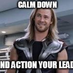 thor'd | CALM DOWN; AND ACTION YOUR LEADS | image tagged in thor'd | made w/ Imgflip meme maker