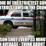 Chicago Gun Control | ONE OF THE STRICTEST GUN CONTROLS LAWS IN THE COUNTRY; PERSON SHOT EVERY 33 MINUTES ON AVERAGE - THINK ABOUT IT | image tagged in chicago gun control | made w/ Imgflip meme maker