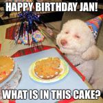 happy birthday | HAPPY BIRTHDAY JAN! WHAT IS IN THIS CAKE? | image tagged in happy birthday | made w/ Imgflip meme maker