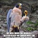 justice falcon | TOGETHER; WE WILL MAKE THE WORLD A BETTER PLACE! NO LONGER WILL THE LIKES OF TRUMP AND CLINTON RUIN THIS WORLD! WE ARE THE MEMERS! | image tagged in justice falcon | made w/ Imgflip meme maker