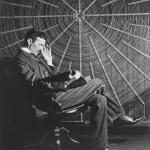 Nikola Tesla in front of spiral coil meme