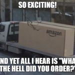 Amazon truck | SO EXCITING! AND YET ALL I HEAR IS "WHAT THE HELL DID YOU ORDER?" | image tagged in amazon truck | made w/ Imgflip meme maker
