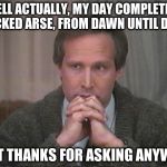 Had a bad day, but keeping it together.. | WELL ACTUALLY, MY DAY COMPLETELY SUCKED ARSE, FROM DAWN UNTIL DUSK; BUT THANKS FOR ASKING ANYWAY | image tagged in christmas vacation disgust | made w/ Imgflip meme maker