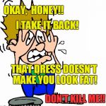Be honest,  she said!  I WON'T GET MAD,  SHE SAID!! | OKAY,  HONEY!! I TAKE IT BACK! THAT DRESS DOESN'T MAKE YOU LOOK FAT! DON'T KILL ME!! | image tagged in don't hit me | made w/ Imgflip meme maker
