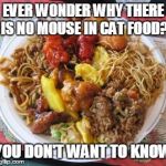 Some questions should never be asked | EVER WONDER WHY THERE IS NO MOUSE IN CAT FOOD? YOU DON'T WANT TO KNOW | image tagged in chinese food,mice,cat food | made w/ Imgflip meme maker