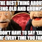 grumpy old men | THE BEST THING ABOUT BEING OLD AND GRUMPY--; YOU DON'T HAVE TO SAY 'EXCUSE ME' EVERY TIME YOU FART | image tagged in grumpy old men | made w/ Imgflip meme maker