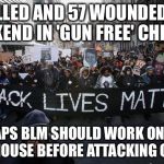Those that live in glass houses... | 10 KILLED AND 57 WOUNDED THIS WEEKEND IN 'GUN FREE' CHICAGO PERHAPS BLM SHOULD WORK ON THEIR OWN HOUSE BEFORE ATTACKING OTHERS | image tagged in blm,gun free zone | made w/ Imgflip meme maker