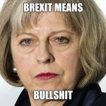 Brexit means... | BREXIT MEANS; BULLSHIT | image tagged in theresa may,brexit | made w/ Imgflip meme maker