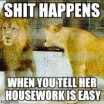 It is tho | SHIT HAPPENS; WHEN YOU TELL HER HOUSEWORK IS EASY | image tagged in married,housework,nagging wife | made w/ Imgflip meme maker
