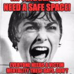 Psycho victim | IM TRIGGERED! NEED A SAFE SPACE! EVERYONE NEEDS A VICTIM MENTALITY THESE DAYS. DON'T LEAVE HOME WITHOUT 1. OR 2 OR 3 | image tagged in psycho victim | made w/ Imgflip meme maker