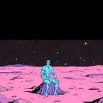 man sittingalone on a rock in space