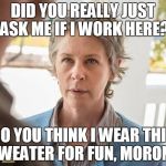 TWD_Carol | DID YOU REALLY JUST ASK ME IF I WORK HERE? DO YOU THINK I WEAR THIS SWEATER FOR FUN, MORON? | image tagged in twd_carol | made w/ Imgflip meme maker