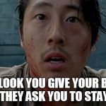 Glenn TWD | THE LOOK YOU GIVE YOUR BOSS WHEN THEY ASK YOU TO STAY LATE... | image tagged in glenn twd | made w/ Imgflip meme maker