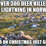 dead deer | OVER 300 DEER KILLED BY LIGHTNING IN NORWAY; THE WAR ON CHRISTMAS JUST GOT REAL. | image tagged in dead deer | made w/ Imgflip meme maker