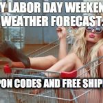 Girl-shopping-cart-1 | MY LABOR DAY WEEKEND WEATHER FORECAST:; COUPON CODES AND FREE SHIPPING! | image tagged in girl-shopping-cart-1 | made w/ Imgflip meme maker