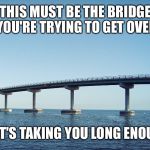 bridge | THIS MUST BE THE BRIDGE YOU'RE TRYING TO GET OVER; AS IT'S TAKING YOU LONG ENOUGH | image tagged in bridge | made w/ Imgflip meme maker