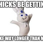 #Sitcalm | CHICKS BE GETTING; POKE WAY LONGER THAN ME!! | image tagged in pillsbury doughboy,funny,memes,funny memes | made w/ Imgflip meme maker