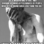 Despair | WHEN YOU WANT TO BE SNOBBED, TREATED LIKE A MORON AND A FOOL, AND DROWN IN UNSOLICITED ADVICE BY PEOPLE WHO OFTEN KNOW EVEN LESS THAN YOU DO... JOIN A FACEBOOK GROUP | image tagged in despair | made w/ Imgflip meme maker