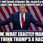 Trump Bruh | LET'S GET TWO THINGS STRAIGHT.
ONE, ISLAM IS A RELIGION, NOT A RACE. TWO, MEXICO IS A COUNTRY, NOT A RACE. NOW, WHAT EXACTLY MAKES YOU THINK TRUMP'S A RACIST? | image tagged in trump bruh | made w/ Imgflip meme maker