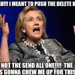 Frustrated hillary | AAAAAH!!! I MEANT TO PUSH THE DELETE BUTTON; NOT THE SEND ALL ONE!!!!  THE FBI'S GONNA CHEW ME UP FOR THIS!!!!! | image tagged in frustrated hillary | made w/ Imgflip meme maker