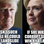 They deserve each other...but we don't! | IF HE WASN'T SUCH AN ASSHOLE HE COULD WIN BY A LANDSLIDE; IF SHE WASN'T SO CORRUPT SHE COULD WIN BY A LANDSLIDE | image tagged in trump hillary,memes,election 2016,trump,hillary | made w/ Imgflip meme maker