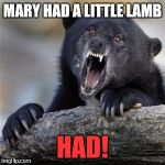 insane confession bear | MARY HAD A LITTLE LAMB; HAD! | image tagged in insane confession bear | made w/ Imgflip meme maker